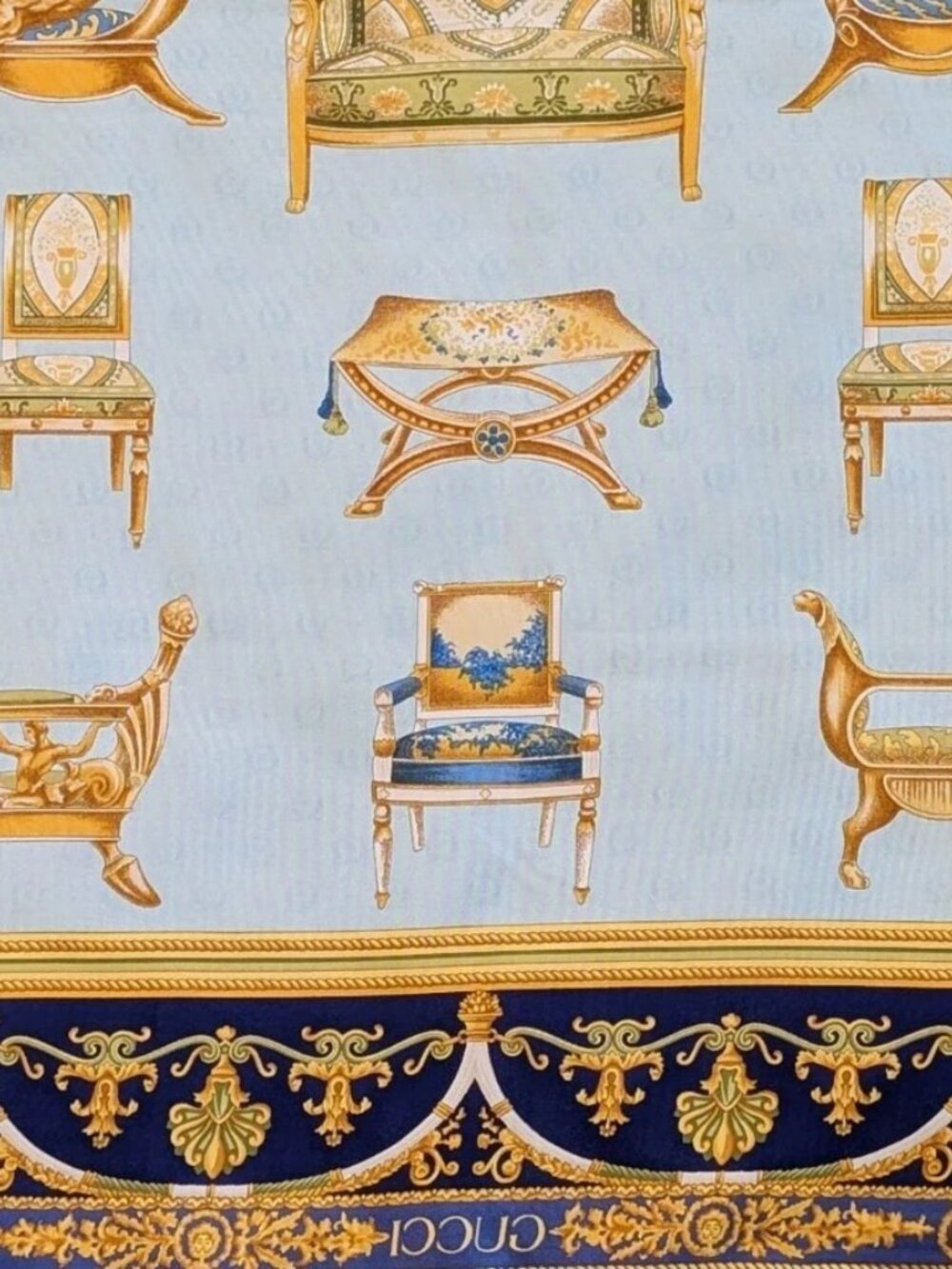 GUCCI Silk Scarf Chairs Print Gold Blue Green Botanical Rolled Edges 35" EUC - Picture 5 of 5